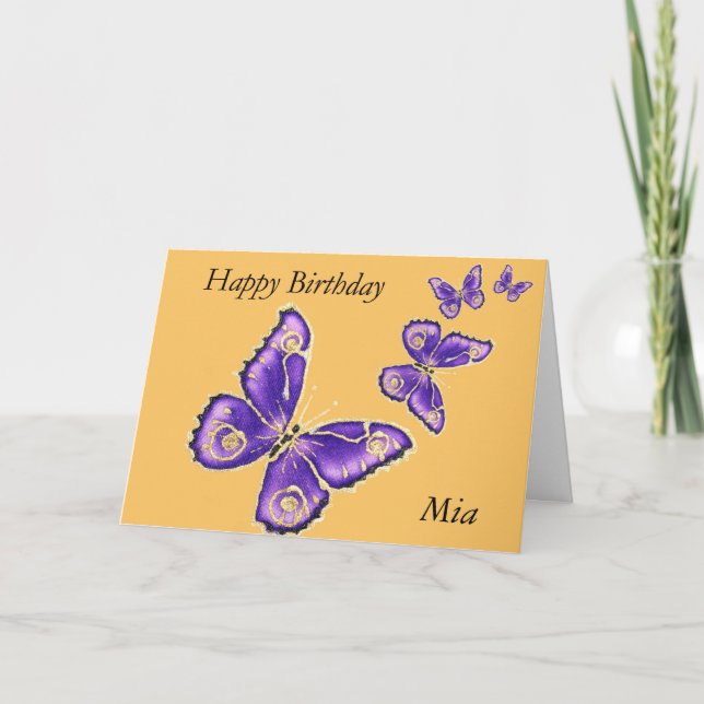 Mia, Happy Birthday purple butterfly card (Front)