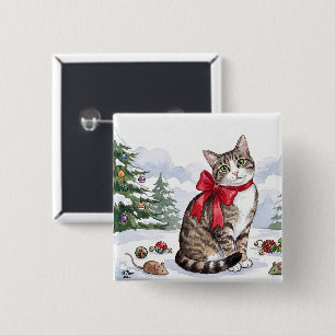 Mia the Festive Cat with Holiday Decor 15 Cm Square Badge