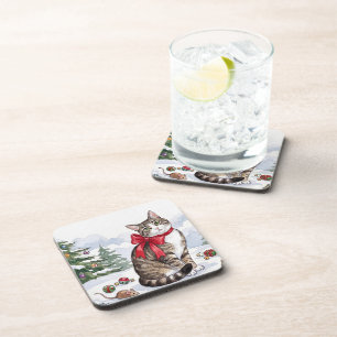 Mia the Festive Cat with Holiday Decor Coaster