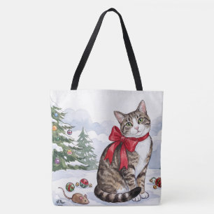 Mia the Festive Cat with Holiday Decor Tote Bag