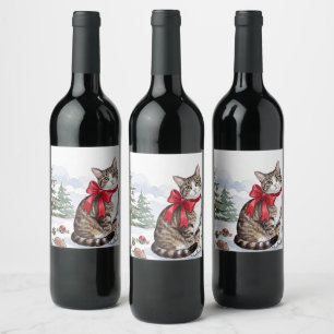Mia the Festive Cat with Holiday Decor Wine Label