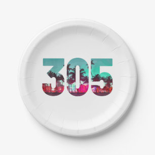 Miami 305 Area Code Florida Vintage Palm Trees Pri Paper Plate