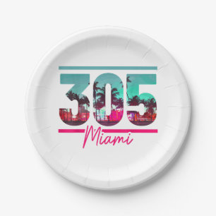 Miami 305 Area Code Florida Vintage Palm Trees Pri Paper Plate