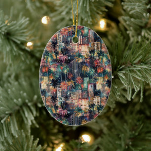 Miami at New Year's in Watercolors Ceramic Tree Decoration