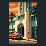 Miami Beach art deco hotel front airbrush art Poster<br><div class="desc">Stylised airbrush painting of the front of a Miami Beach retro art deco style hotel from the early 20th century with a red car and woman in a dress walking out front.

Crafted using generative algorithms and Photoshop.</div>