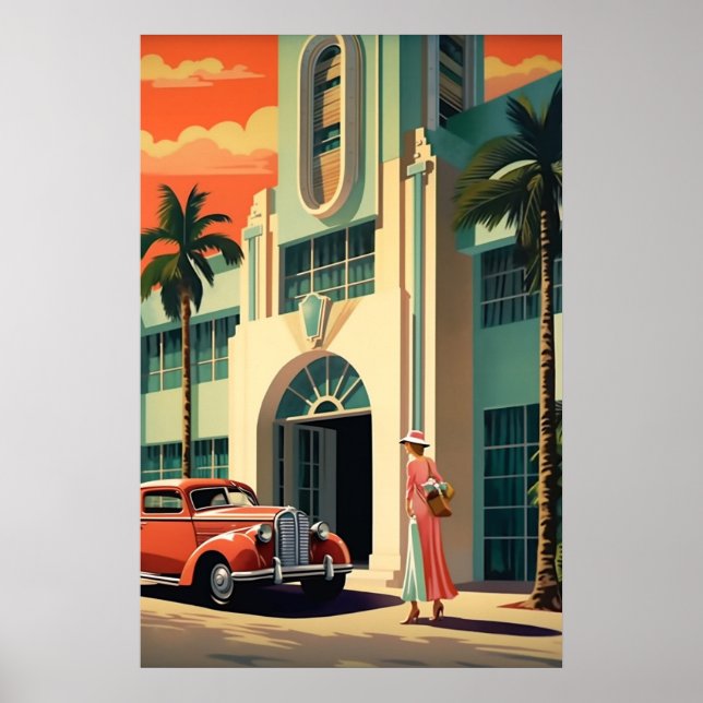 Miami Beach art deco hotel front airbrush art Poster (Front)