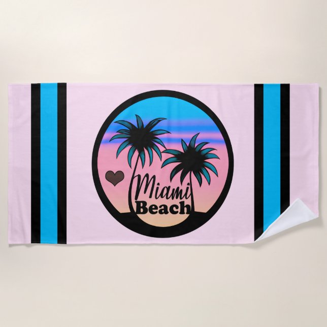 Miami Beach Blue and Pink Palm Trees Beach Towel (Front)
