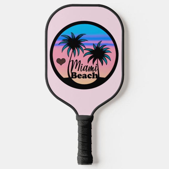 Miami Beach Blue and Pink Palm Trees Pickleball Paddle (Front)