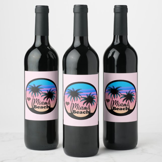 Miami Beach Blue and Pink Palm Trees Wine Label (Bottles)