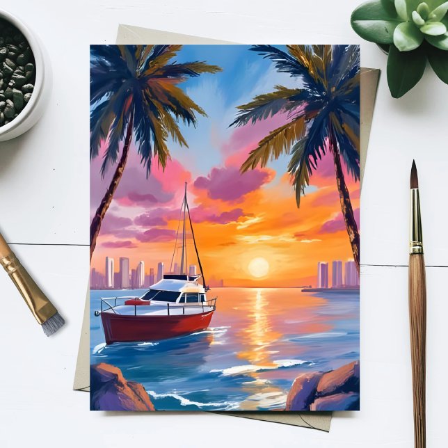 Miami Beach Boat Bay Sunset Watercolor Painting Postcard (Creator Uploaded)