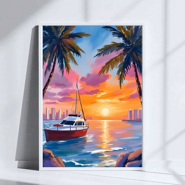 Miami Beach Boat Bay Sunset Watercolor Painting Poster (Creator Uploaded)