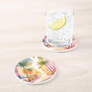 Miami Beach Bright Colourful Watercolor Painting Coaster