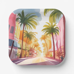 Miami Beach   Bright Colourful Watercolor Painting Paper Plate