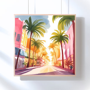 Miami Beach Bright Colourful Watercolor Painting Poster