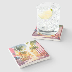 Miami Beach Bright Colourful Watercolor Painting Stone Coaster