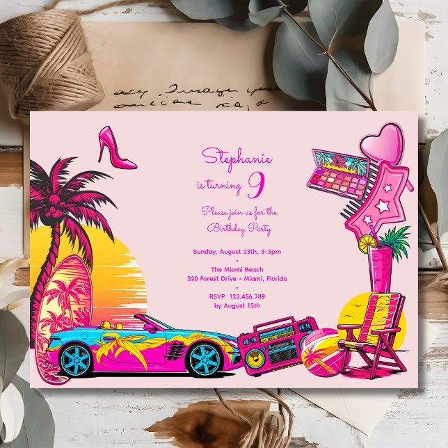 Miami beach doll pink girl birthday invitation (Creator Uploaded)