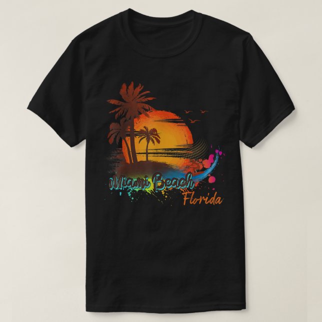 Miami Beach Florida Beach Summer Palm Trees Sunset T-Shirt (Design Front)