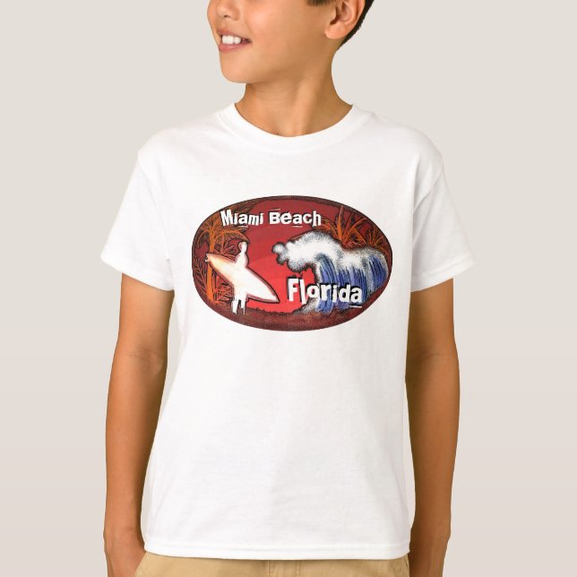Miami Beach Florida orange boys surfer art tee (Front)