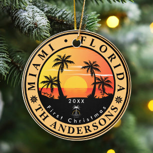 Miami Beach Florida Retro Sunset Palm Tree 80s Ceramic Tree Decoration