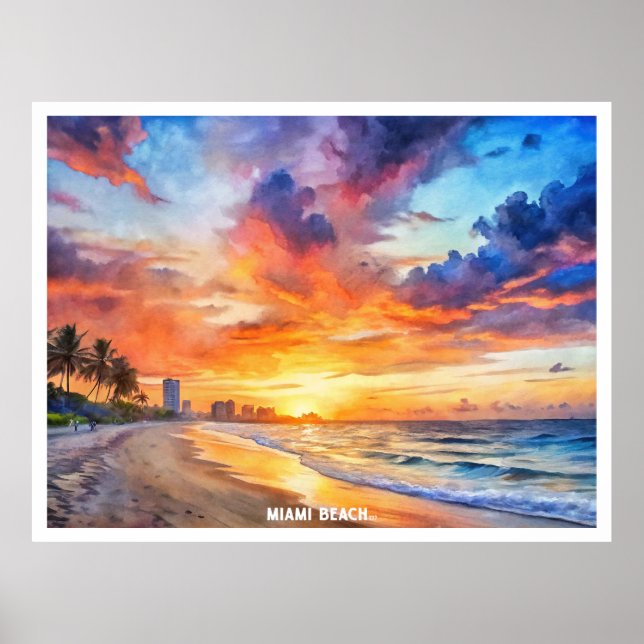 Miami Beach, Florida sunset watercolor painting Poster (Front)