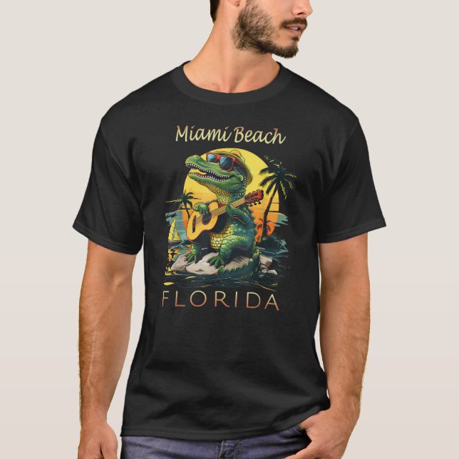 Miami Beach Florida Vacation Cute Alligator Sunset T-Shirt (Front)
