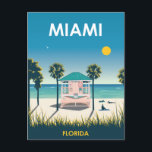 Miami Beach Florida Vintage Travel Postcard<br><div class="desc">Retro Miami Florida travel poster illustration that features a view of a lifeguard station on a palm-tree-lined,  sunny and sandy Miami Beach. This vintage design will bring back memories of classic travel posters from a bygone era.</div>