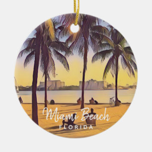 Miami Beach Florida Vintage Watercolor Art  Ceramic Tree Decoration