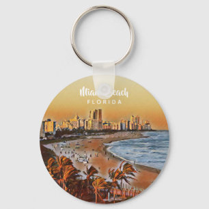 Miami Beach Florida Vintage Watercolor Art Key Ring