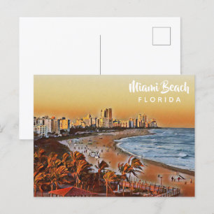 Miami Beach Florida Vintage Watercolor Art Postcard