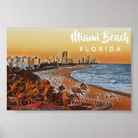 Miami Beach Florida Vintage Watercolor Art