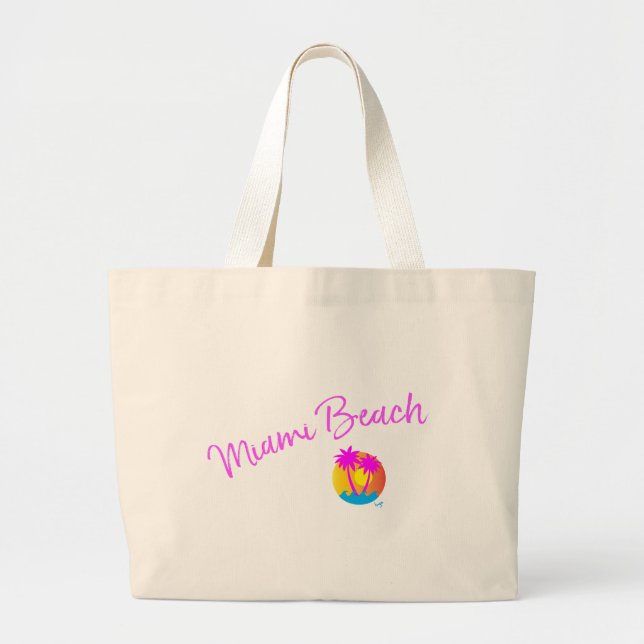 Miami-Beach-logo-sun-palms-pink Large Tote Bag (Front)