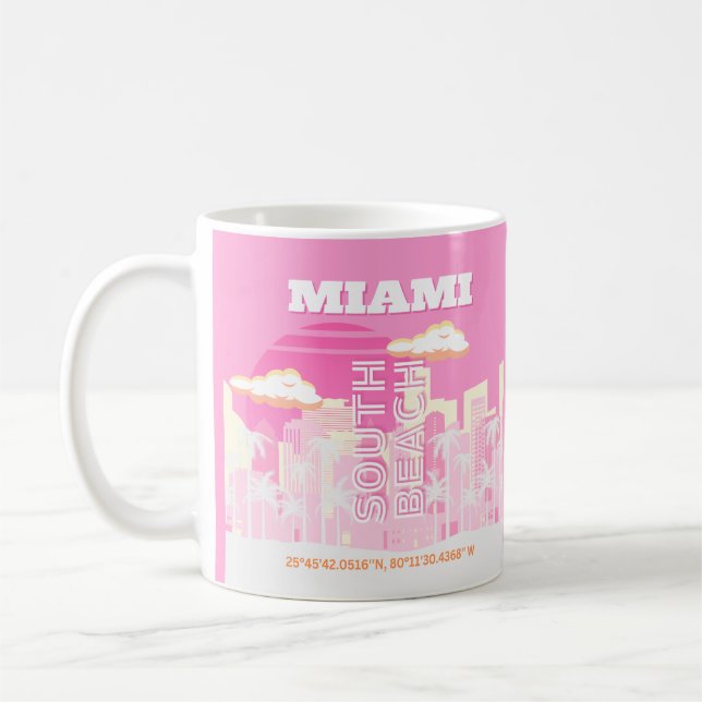 Miami Beach, Miami Travel Art, Preppy, Pink Coffee Mug (Left)