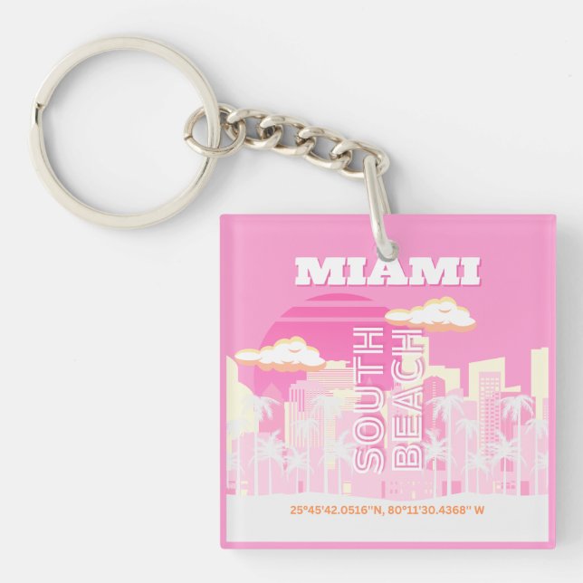 Miami Beach, Miami Travel Art, Preppy, Pink Key Ring (Front)