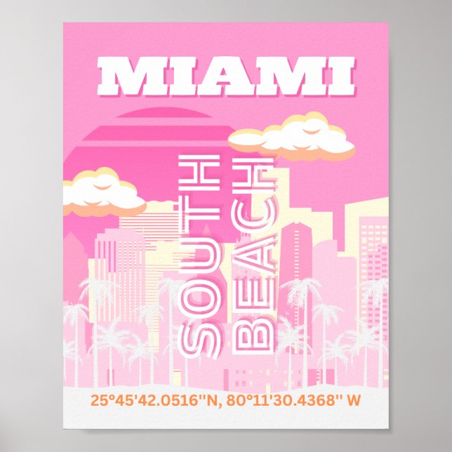 Miami Beach, Miami Travel Art, Preppy, Pink Poster (Front)