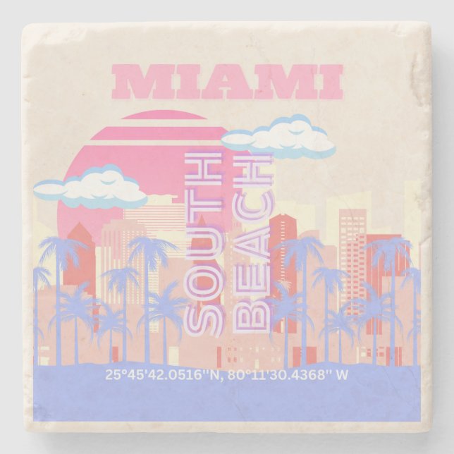 Miami Beach, Miami Travel Art, Preppy Room, Pastel Stone Coaster (Front)