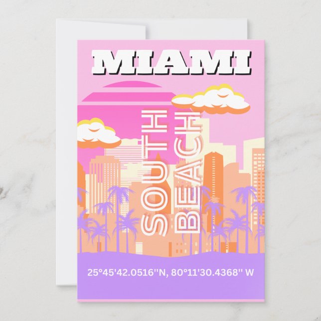 Miami Beach, Miami Travel Art, Preppy Room, Pink Holiday Card (Front)