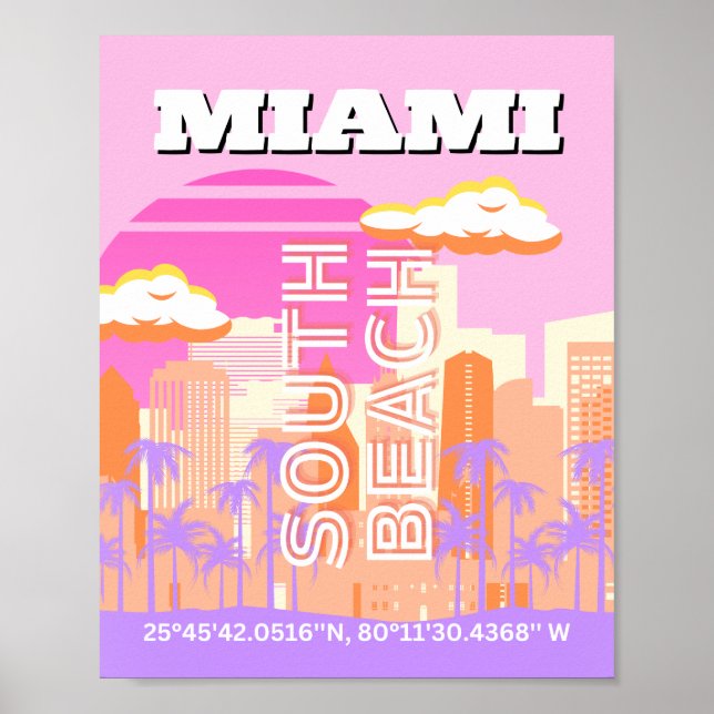 Miami Beach, Miami Travel Art, Preppy Room, Pink Poster (Front)