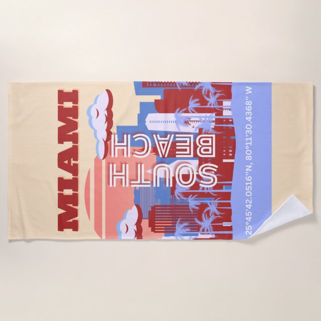 Miami Beach, Miami Travel Art, Retro Beach Towel (Front)