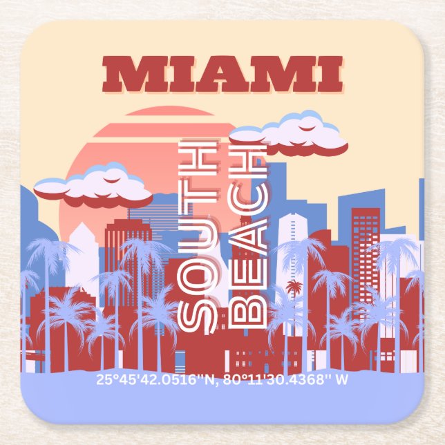 Miami Beach, Miami Travel Art, Retro Square Paper Coaster (Front)