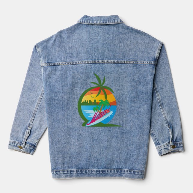 Miami Beach Palm Trees and Surfing Board  Denim Jacket (Back)