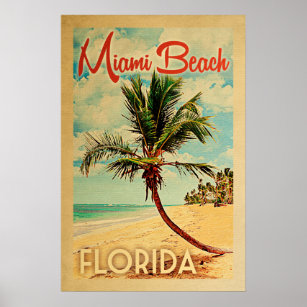 Miami Beach Poster Florida Vintage Palm Tree Beach