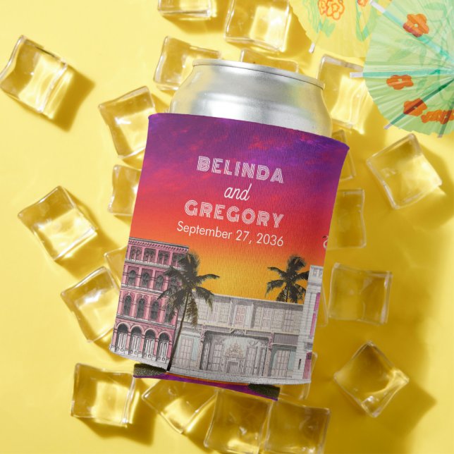 Miami Beach Rainbow Row Charleston Palm Wedding Can Cooler (In Situ Summer)