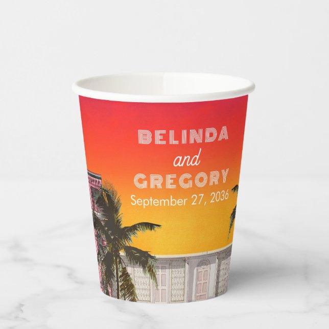 Miami Beach Rainbow Row Charleston Palm Wedding Paper Cups (Left)