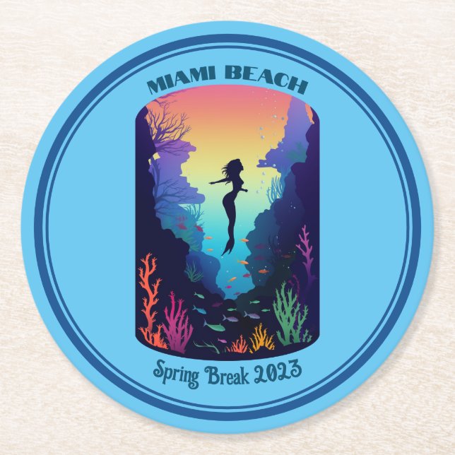 Miami Beach Spring Break 2023 Mermaid Reef Round Paper Coaster (Front)