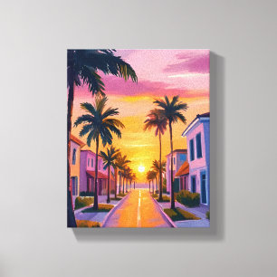Miami Beach Sunset Ocean Florida Watercolor Canvas Print