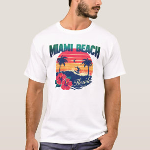 Miami Beach Surfer Sunset Hibiscus Florida Travel T-Shirt