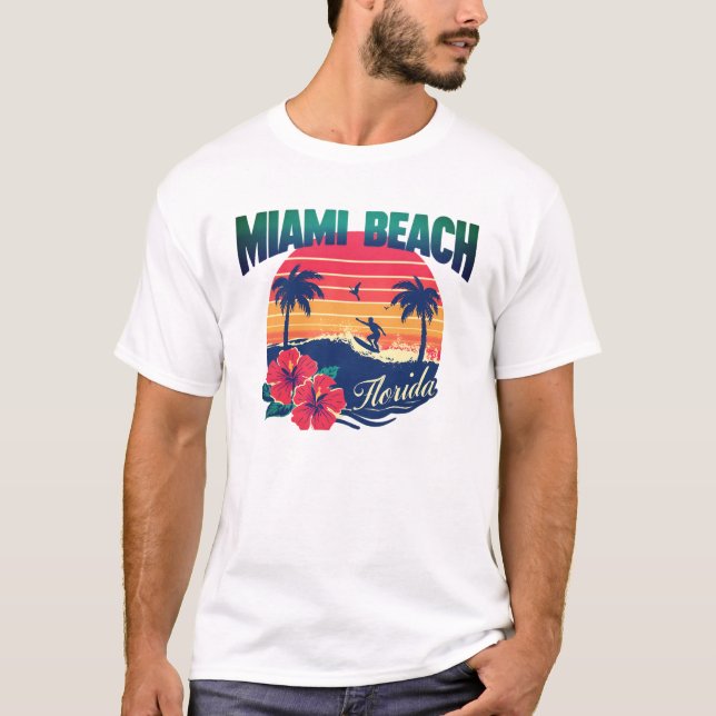 Miami Beach Surfer Sunset Hibiscus Florida Travel T-Shirt (Front)