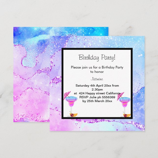 MIAMI DISCO COCKTAIL BIRTHDAY PARTY INVITATION (Front/Back)