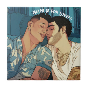 Miami Downtown Gay Men Cuddling Illustration Gift Tile