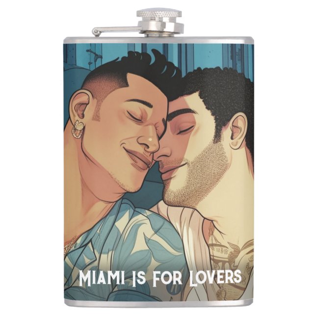 Miami Downtown Gay Men Cuddling Illustration Hip Flask (Front)